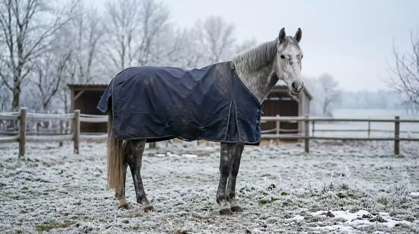 Älteres Pferd mit grauer Schnauze steht im Winter auf einer Koppel