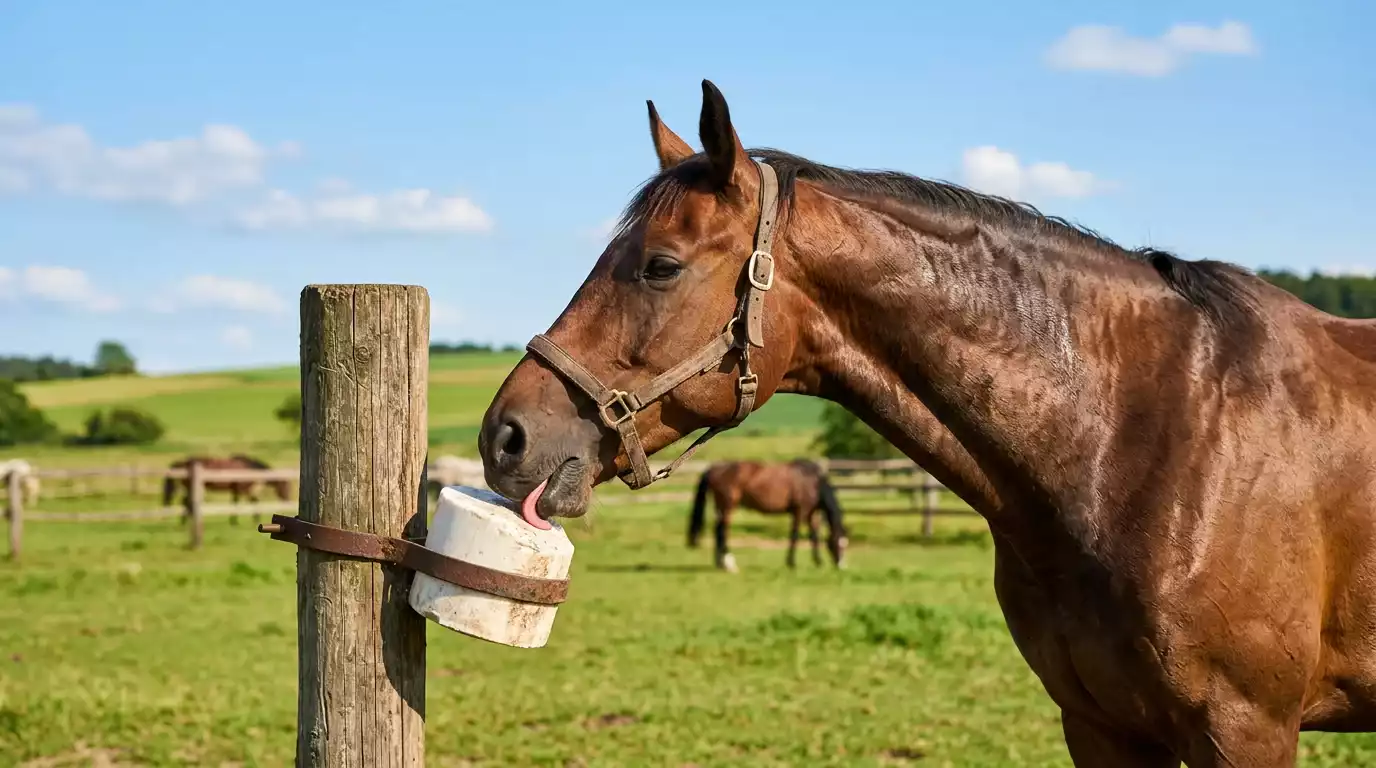 Pferd leckt an einem Salzleckstein auf der Sommerweide
