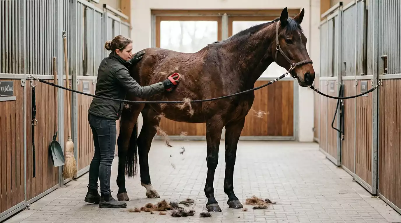 Pferd im Fellwechsel wird gestriegelt