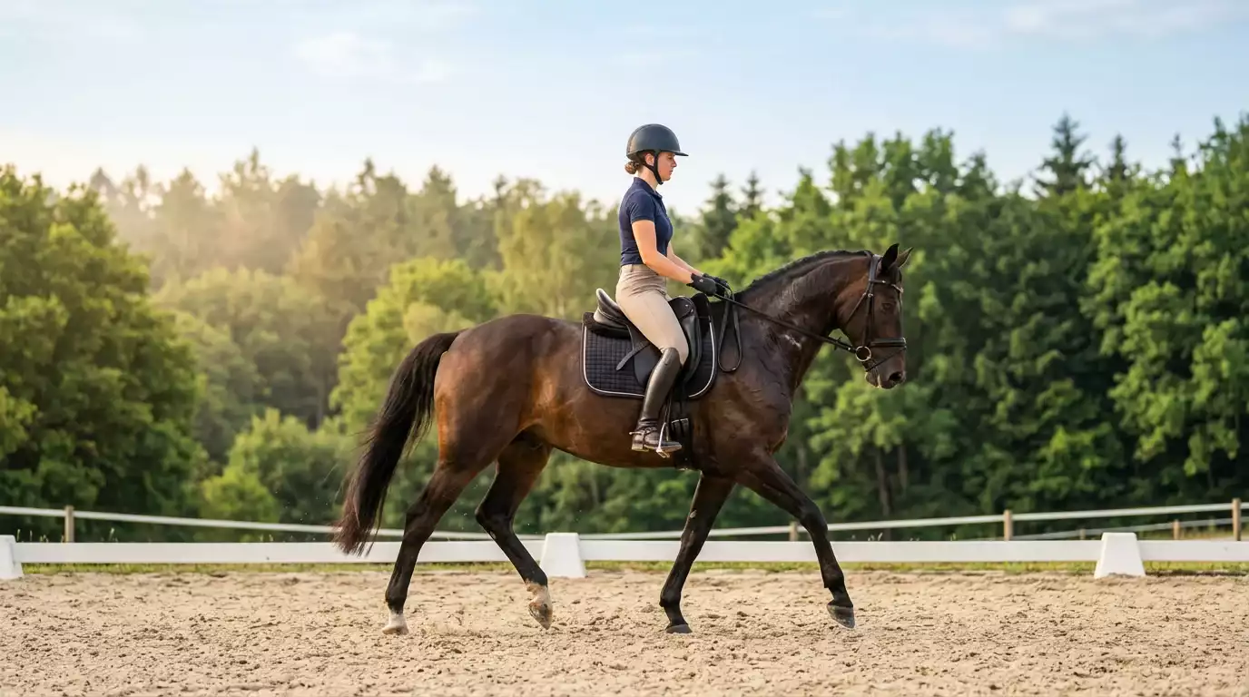 Pferd trainiert bei sommerlichen Temperaturen auf einem Reitplatz