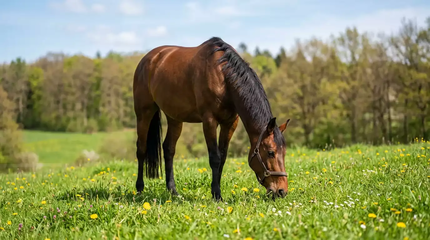 Pferd auf einer frühlingshaften Weide mit frischem Gras