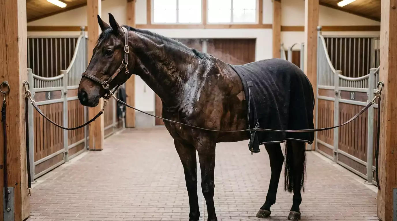 Pferd mit sichtbarem Schweiß nach dem Training