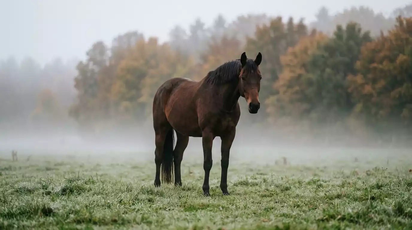 Pferd steht bei Nebel und Wetterumschwung auf herbstlicher Weide