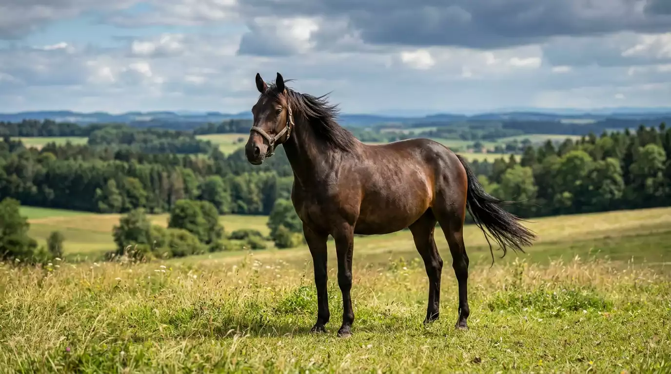 Pferd steht auf einer Koppel bei unterschiedlichen Wetterbedingungen
